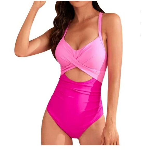 NEW Eomenie Two Tone Cutout One Piece Swimsuit Pink Size Large Tie Back NWT - Picture 1 of 7